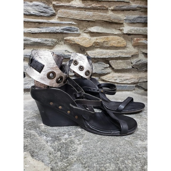 A.S.98 Ankle Strap Snap Button Wedges 41=9.5 Black Silver - Picture 6 of 14